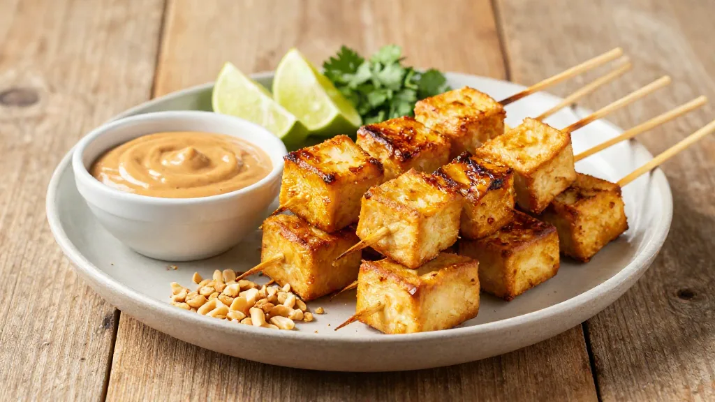 Tofu-Satay-Spieße aus dem Ofen mit goldenen Kanten und einer Schale cremiger Erdnusssauce