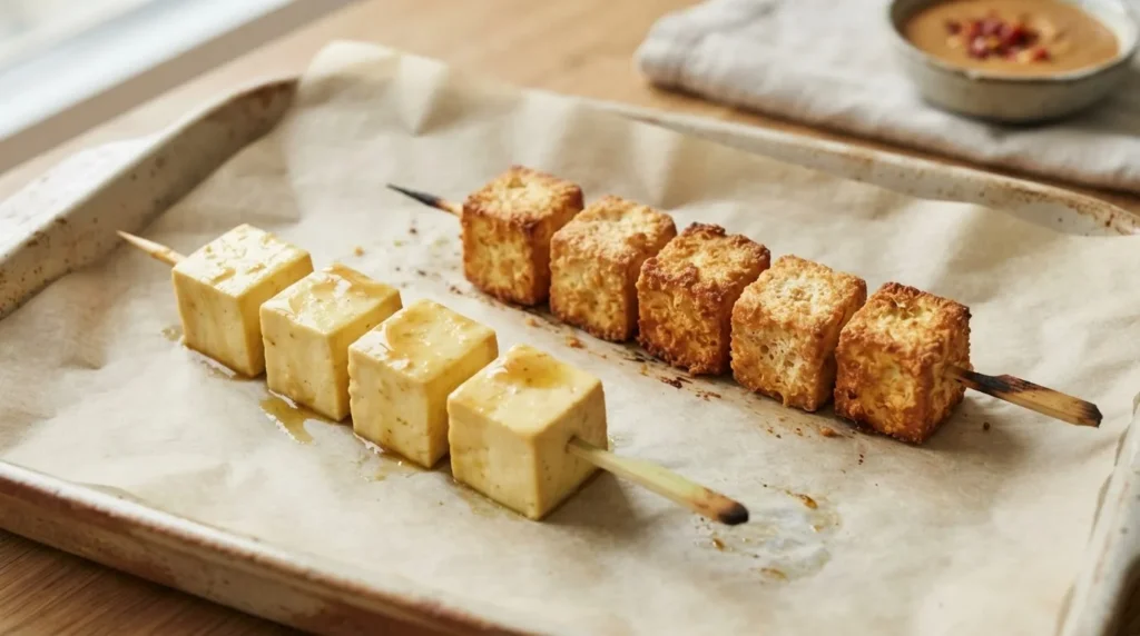 Tofu-Satay mit Stärke und trockener, knuspriger Oberfläche neben weicheren Spießen ohne Stärke