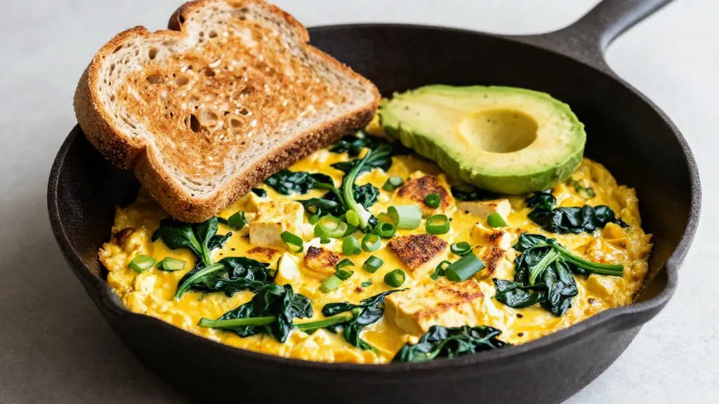 Tofu Scramble mit Spinat und Frühlingszwiebeln in einer Gusseisenpfanne, mit Toast und Avocado