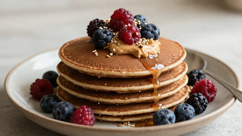 Gestapelte vegane Buchweizen-Pfannkuchen mit Beeren, Nussmus und Sesam