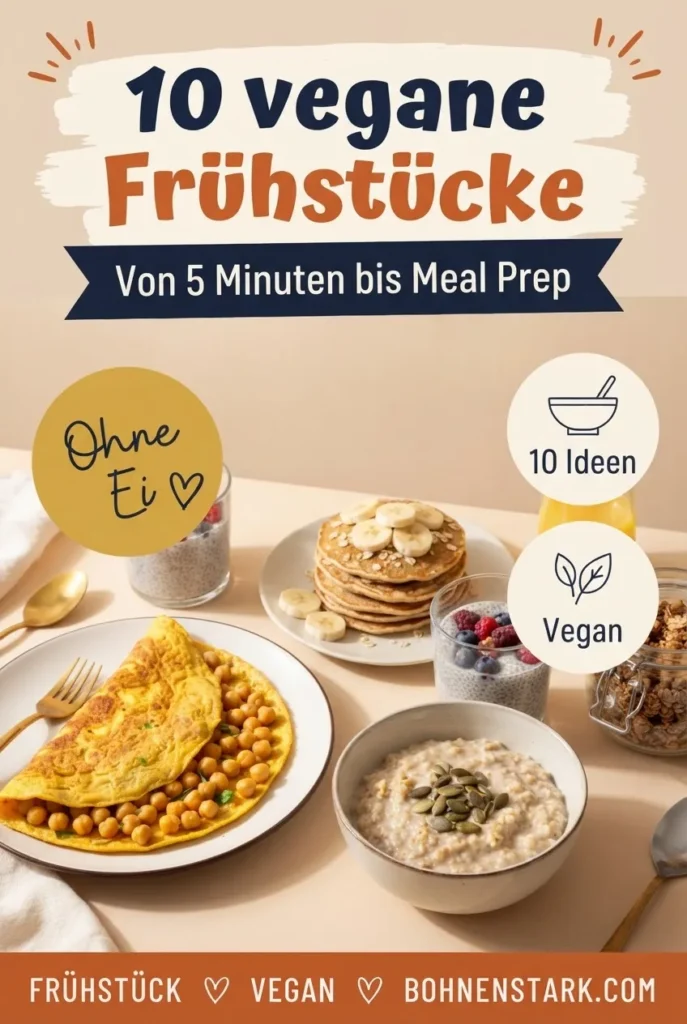 Pinterest-Pin: 10 vegane Frühstücke von 5 Minuten bis Meal Prep, ohne Ei, mit Omelett, Pancakes, Porridge und Chia-Pudding