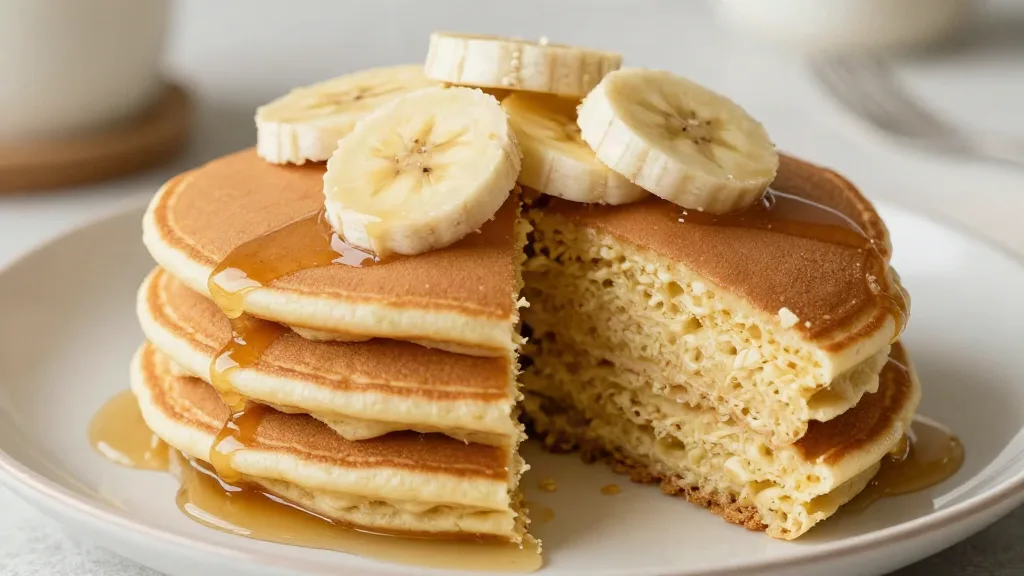 Gestapelte vegane Protein-Pancakes mit Bananenscheiben und Ahornsirup, angeschnitten