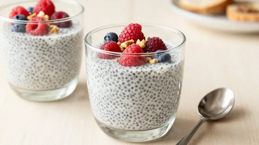Zwei Gläser veganer Protein-Chia-Pudding mit Himbeeren, Heidelbeeren und gehackten Nüssen