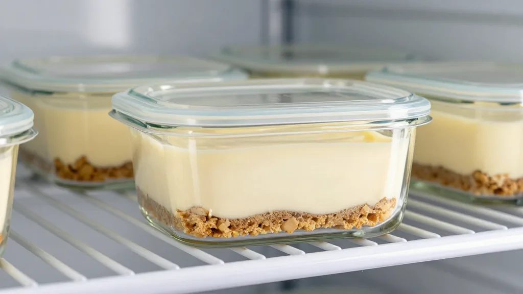 Veganer Käsekuchen mit Keksboden in Glasdosen mit Deckel im Kühlschrank