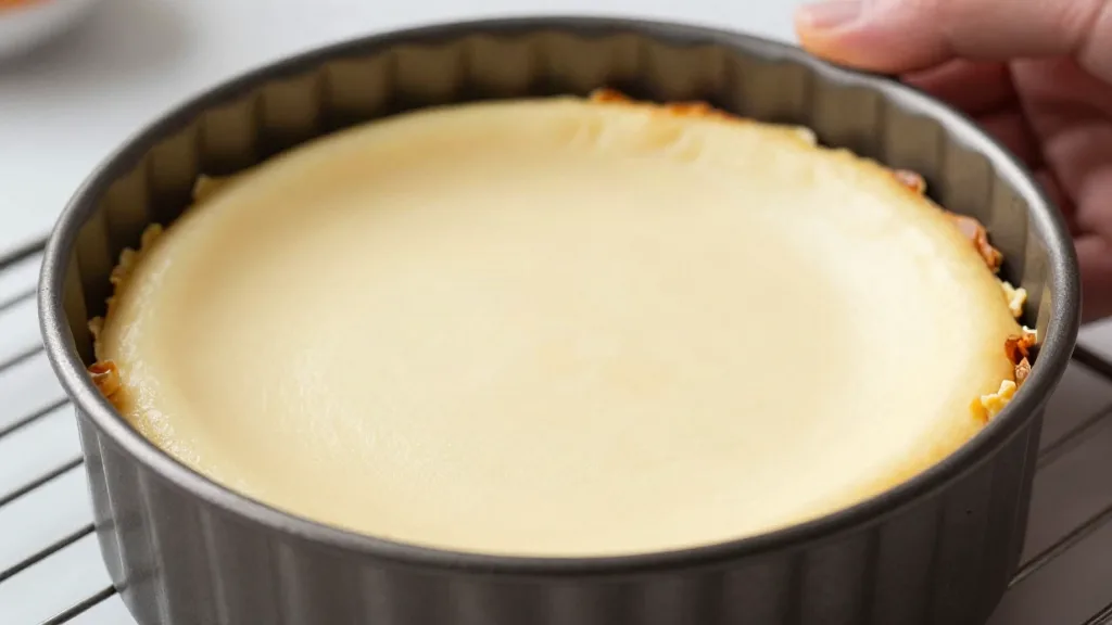 Frisch gebackener veganer Käsekuchen in der Form auf einem Gitter, Rand leicht golden, Mitte hell