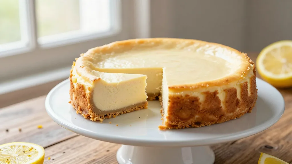 Veganer Käsekuchen mit Seidentofu auf einer Tortenplatte, ein Stück angeschnitten, mit Zitronenscheiben