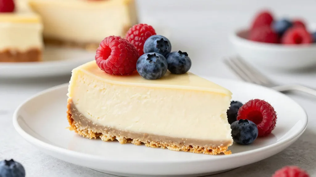 Ein Stück veganer Käsekuchen mit sauberem Anschnitt, Himbeeren und Heidelbeeren auf einem Teller