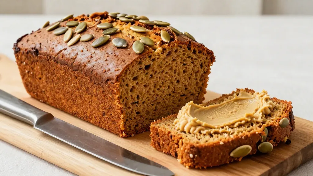 Veganes Eiweißbrot aus roten Linsen mit Kürbiskernen, angeschnitten, eine Scheibe mit Aufstrich