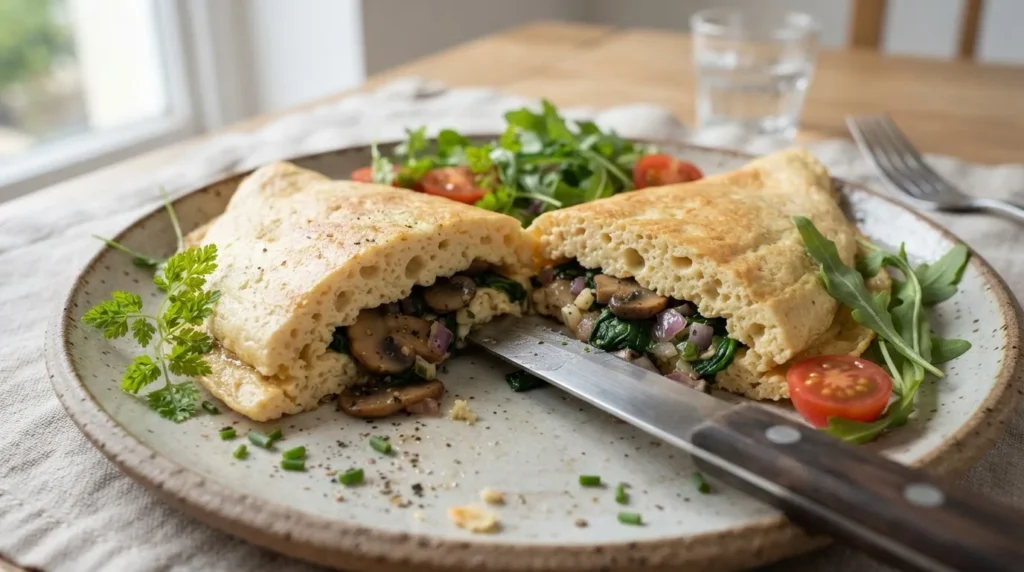 Aufgeschnittenes veganes Omelett mit vollständig gestockter, hellgelber Mitte und kleinen Luftbläschen