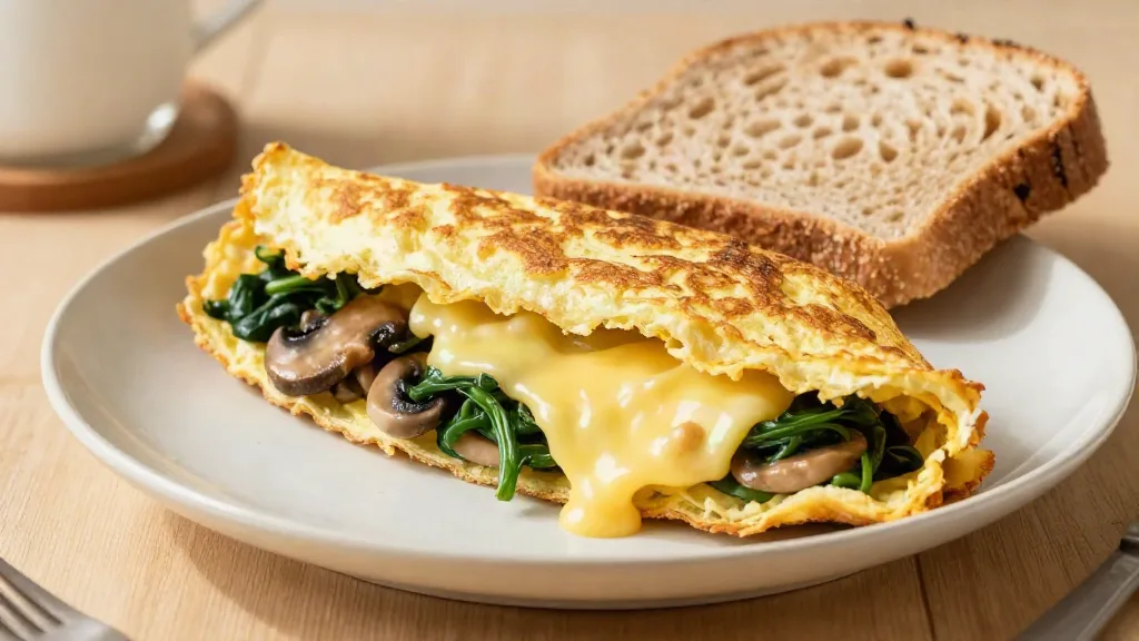 Veganes Omelett aus Kichererbsenmehl, gefüllt mit Pilzen und Spinat, daneben eine Scheibe Brot