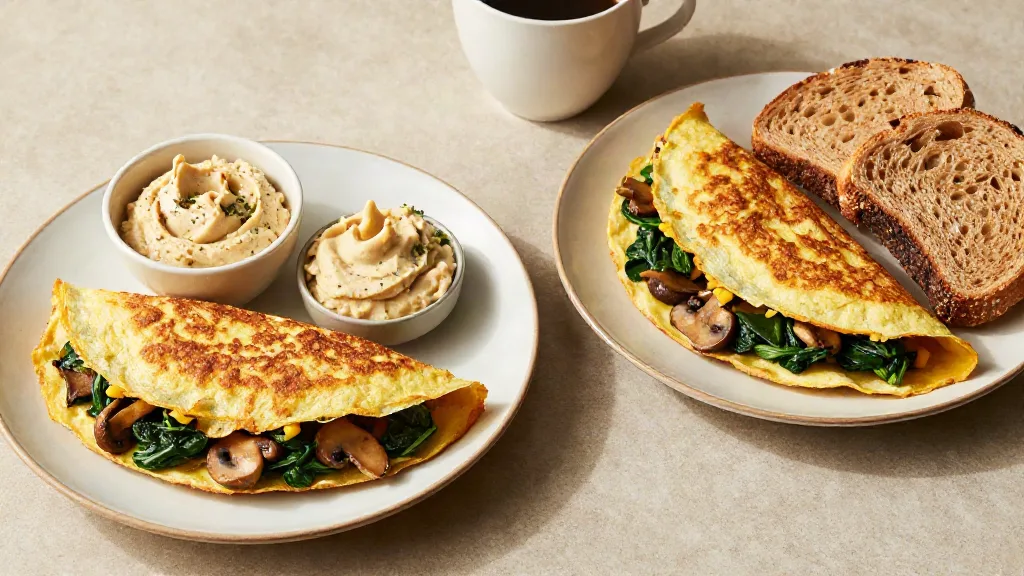 Zwei gefüllte Kichererbsen-Omeletts zum Frühstück mit Vollkornbrot und Hummus