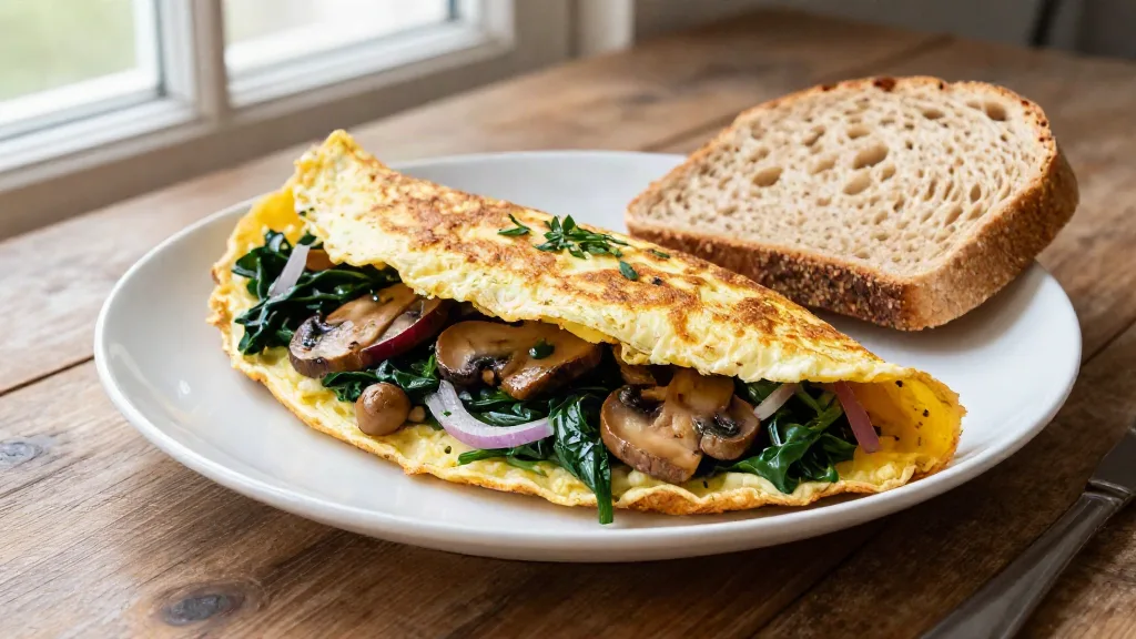 Veganes Omelett aus Kichererbsenmehl, gefüllt mit Pilzen, Spinat und roter Zwiebel, mit Vollkornbrot