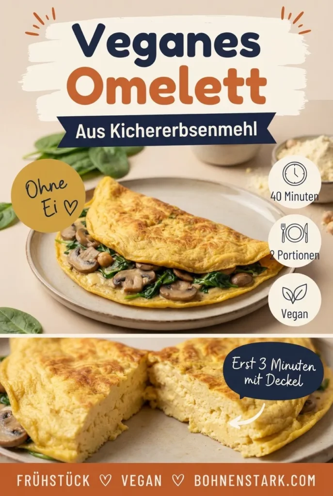 Pinterest-Pin: veganes Omelett aus Kichererbsenmehl, ohne Ei, 2 Portionen, erst 3 Minuten mit Deckel