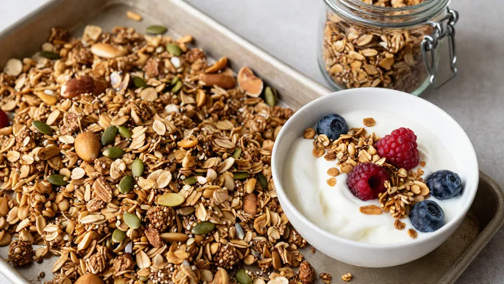 Selbst gemachtes veganes Protein-Granola mit Nüssen und Kernen, dazu Sojajoghurt mit Beeren