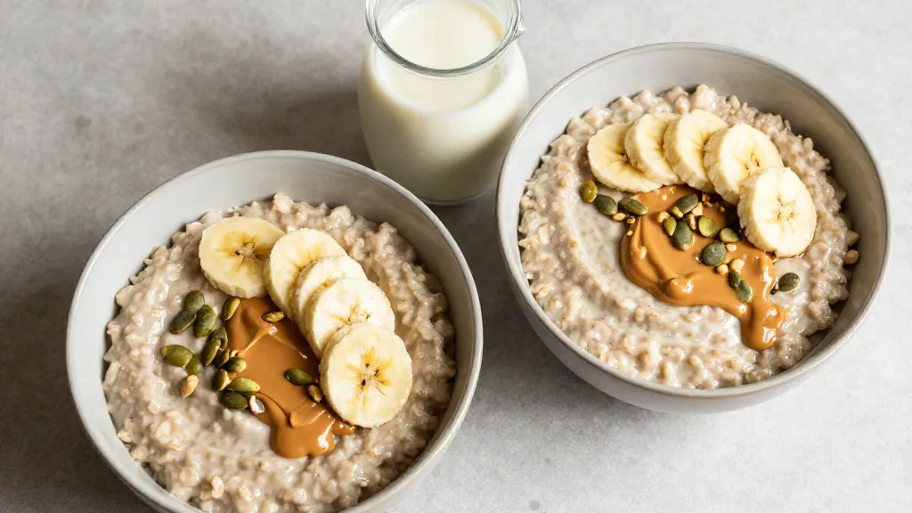 Zwei Schalen veganes Protein-Porridge mit Banane, Kürbiskernen und Erdnussmus