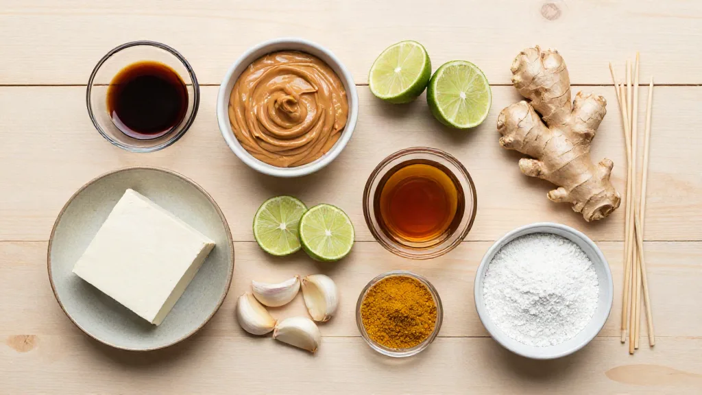 Zutaten für Tofu-Satay: extra fester Tofu, Sojasauce, Limette, Erdnussmus, Ingwer, Knoblauch und Gewürze