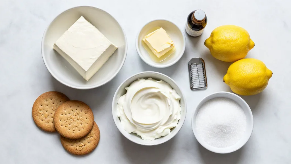 Zutaten für veganen Käsekuchen: Seidentofu, veganer Frischkäse, Haferkekse, vegane Butter, Zucker, Zitronen, Vanille