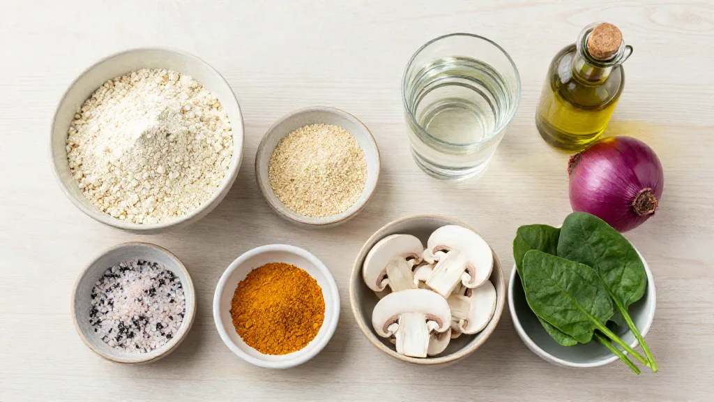 Zutaten für ein veganes Omelett: Kichererbsenmehl, Hefeflocken, Kala Namak, Kurkuma, Pilze, Spinat, Zwiebel, Öl